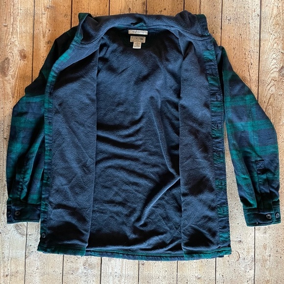 L.L. Bean Men’s Med Hooded Fleece Shirt Jacket Green Blue Plaid Traditional Fit - Picture 2 of 5